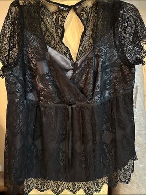 Allen B. Black Lace Sheer Top with Scalloped Trim